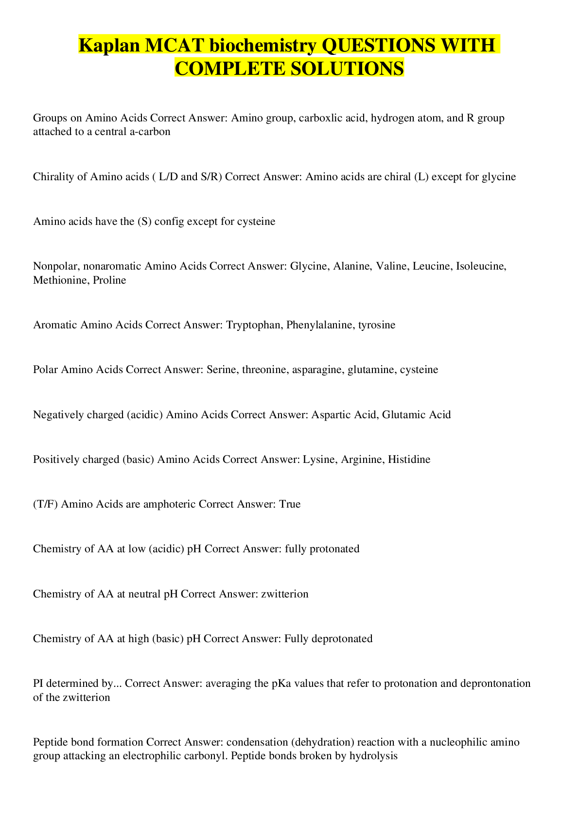 Kaplan MCAT biochemistry QUESTIONS WITH COMPLETE SOLUTIONS Browsegrades
